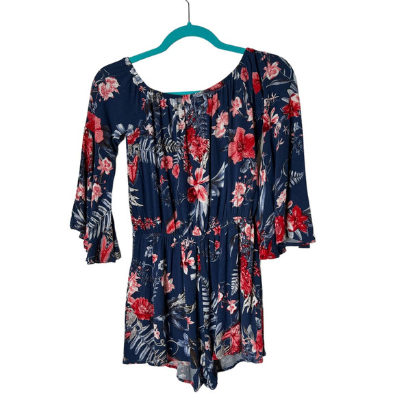 Lulu's Short Romper in Blue and Red Floral Print w/Bell Sleeves Size XS - Picture 1 of 6